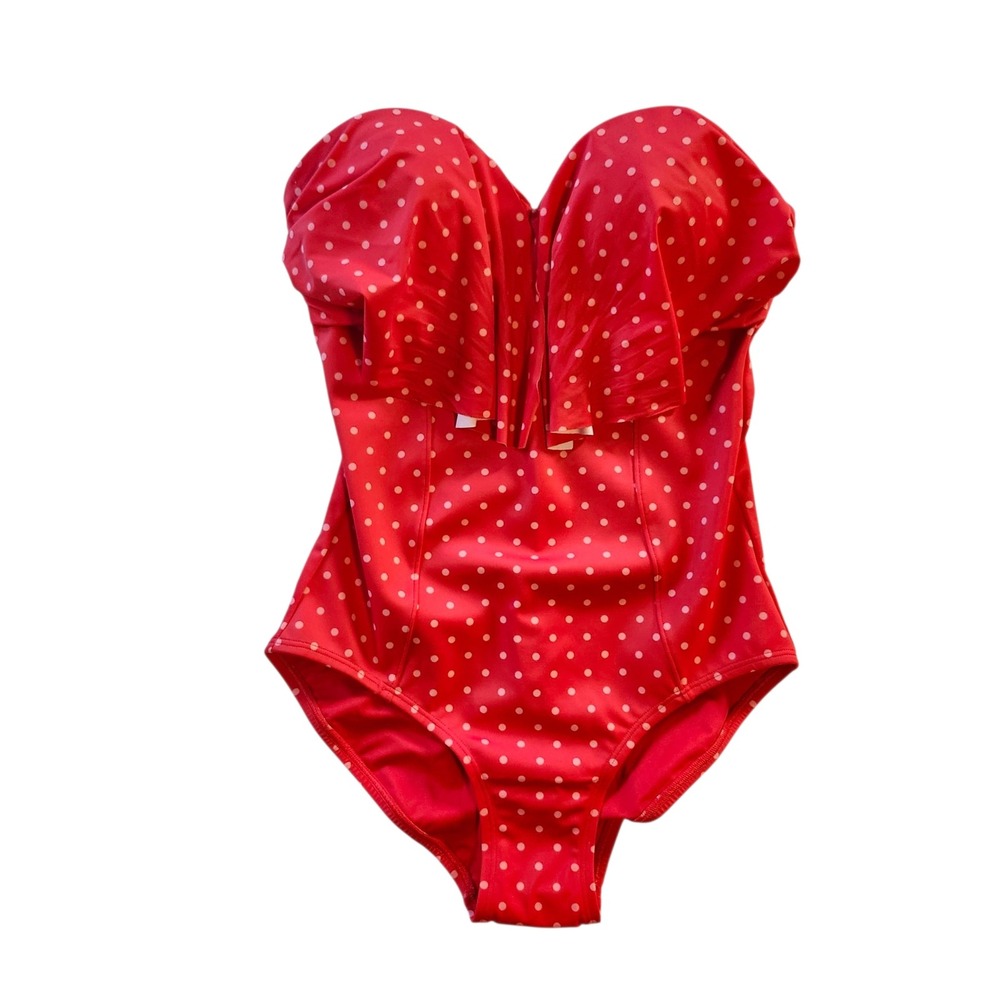 NEW Spanx Red Polka Dot Strapless Ruffle One Piece Swimsuit Tummy Control Sz 10